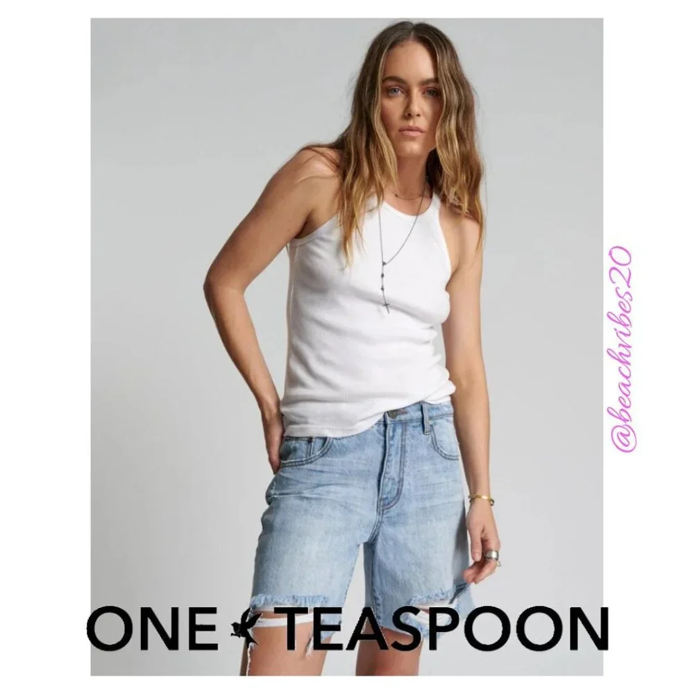 ONE TEASPOON Jacksons Mid Waist Wide Leg Denim Shorts Ocean 24 NWT O-210